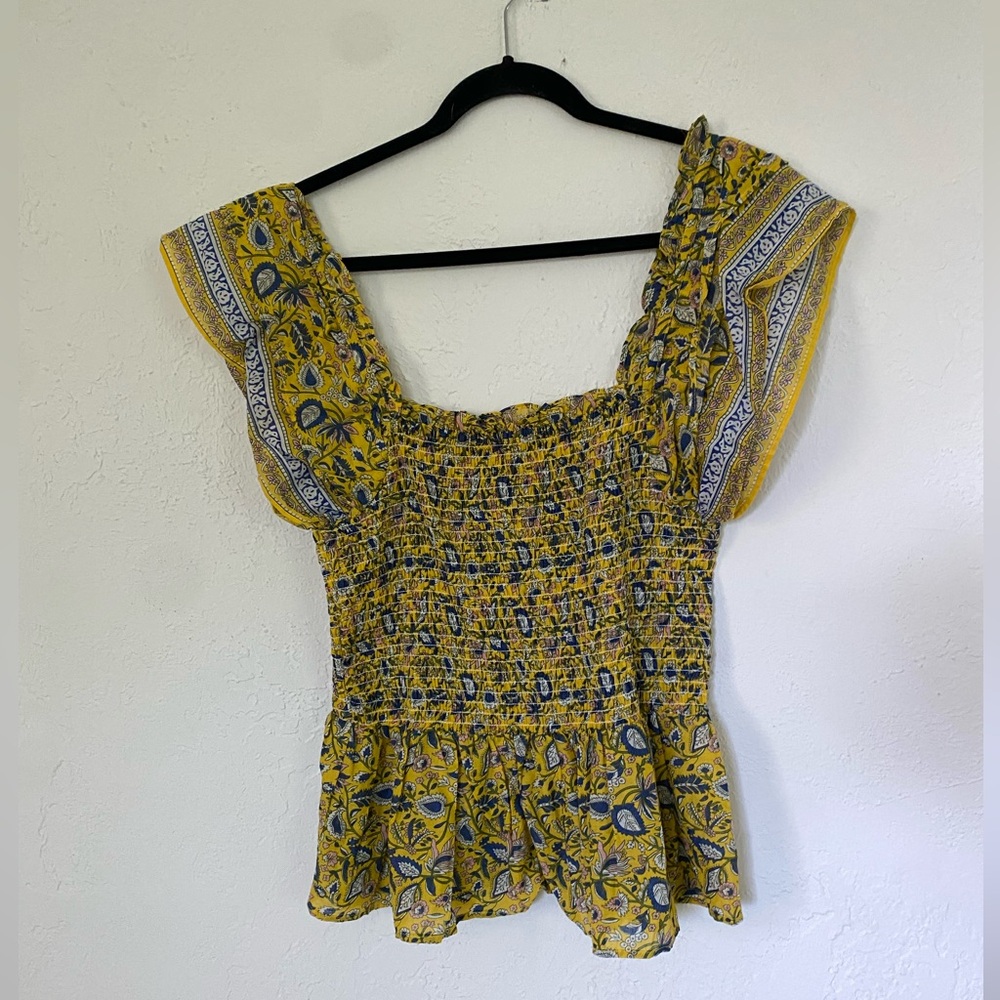 Smocked paisley ruffle sleeve top